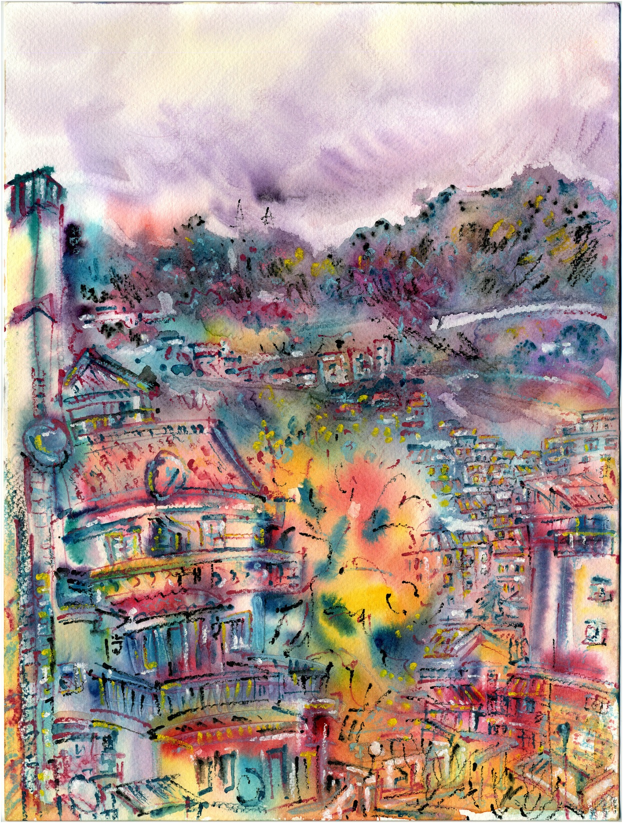 1. Pogled Sa Prozora. Jesenji Pejzaž Na Zalasku Sunca 30 × 40 Cm Akvarel Na Papiru 2022.
