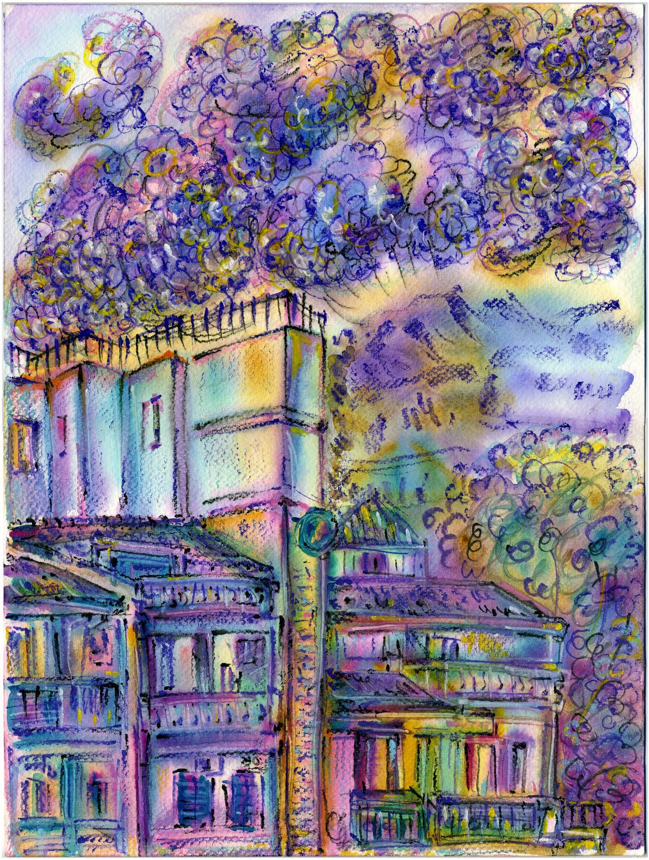 2. Pogled Sa Prozora. Večernji Pejzaž 30 × 40 Cm Akvarel 2022. Smanjena