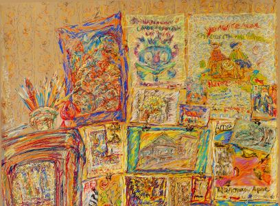 "В маминой мастерской" фрагмент, пастель, цветной картон, уголь, 2015г