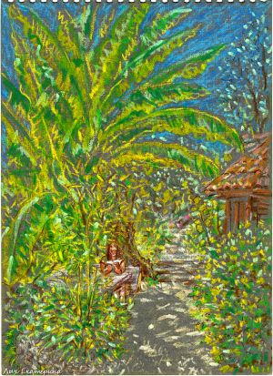 "Под банановым деревом" 21 Х 29 см, пастель, масляная пастель, серая бумага, 2014 г.