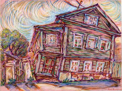 "Зелёный дом", 32 Х 43, масляная пастель, цветная бумага, 2012 г.