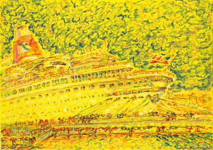 "Солнечный лайнер" 35 Х 50см, пастель, цветная бумага, 2014 г., на II Международном фестивале искусств «Живой Финский залив» 2015 г.